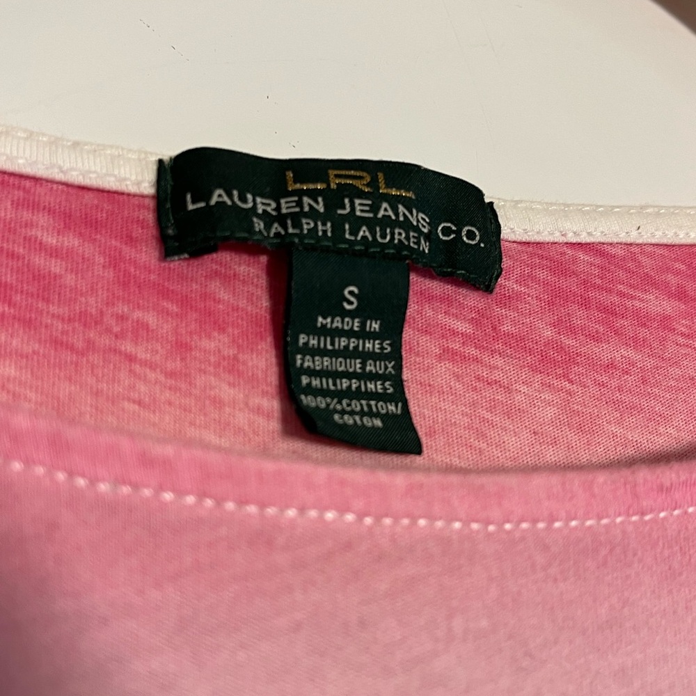 LRL Lauren Jeans Co. Casual Chic Beachy Cap Sleeve T-Shirt, Sz S, Pink & White - Picture 4 of 5